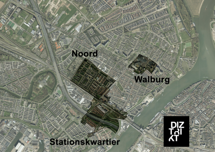 Luchtfoto Zwijndrecht waarin de deelgebieden van Diztrikt zijn omlijnd: Stationswartier, Noord en Walburg